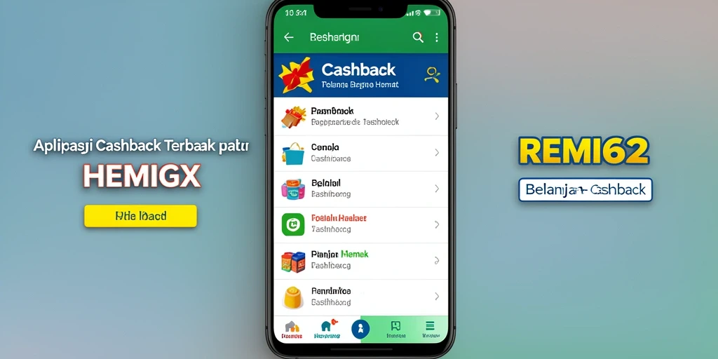 Tampilan antarmuka utama aplikasi REMI62 yang menarik untuk Cashback.